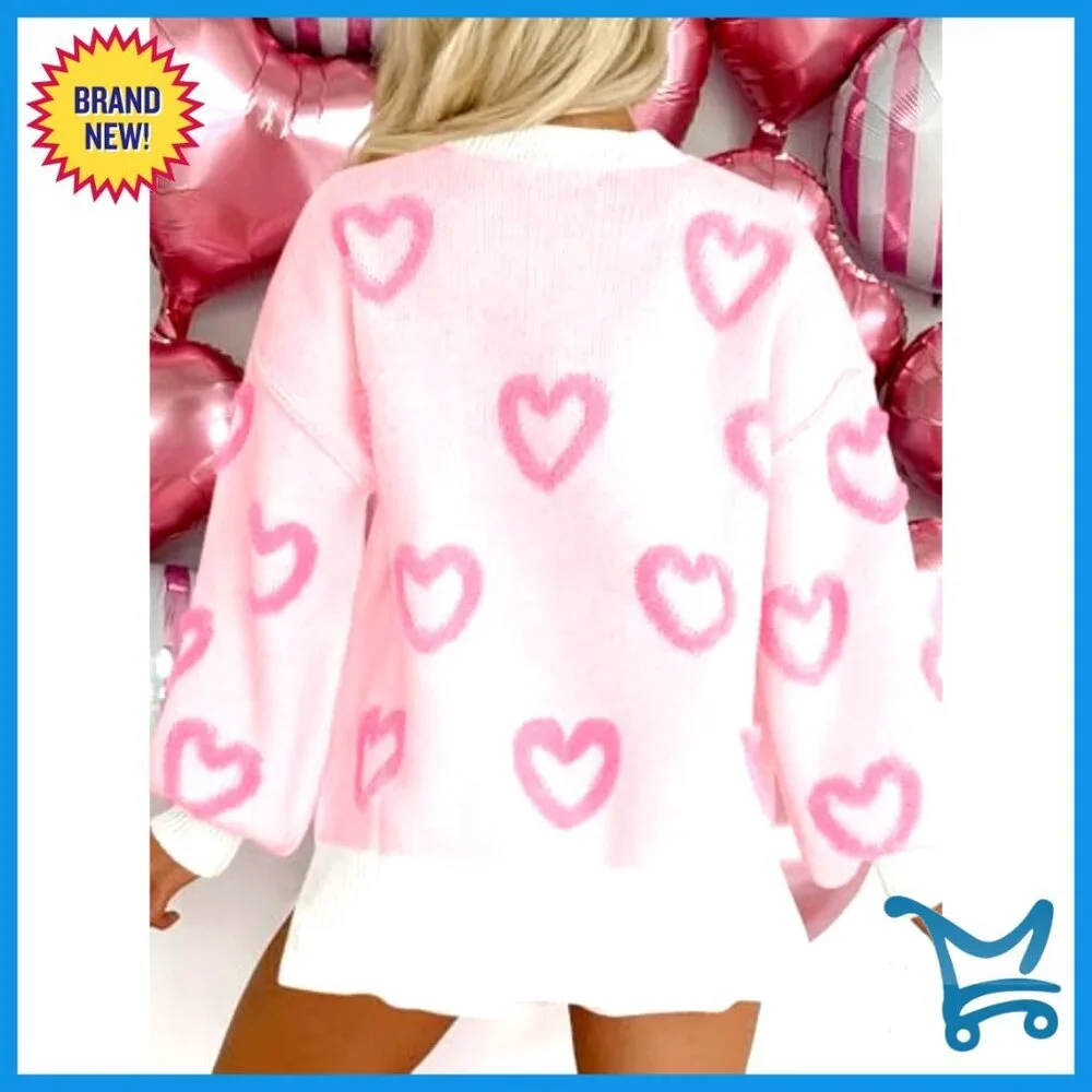 Oversized Chunky Knit Heart Sweater Y2K Cute Winter Pullover Side Slit - Picture 5 of 7